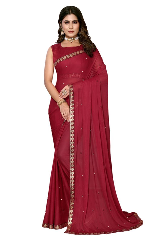 Yashika Womens Trendy Lycra Blend Maroon Color Saree with Blouse Material(AARIYA MAROON)
