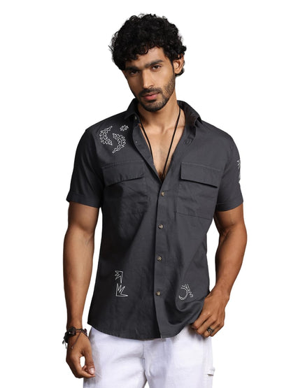 Thomas Scott Short Sleeve Double Pockets Self Printed Casual Shirts for Mens Grey