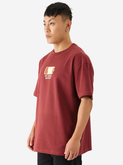 The Souled Store No Social Battery Drop Shoulder Short Sleeve Round Neck Maroon Graphic Printed Cotton Oversized Baggy T-Shirts