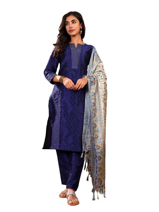 Varanga WomenS Navy Blue Ethnic Kurta Set - Straight Fit Dobby Textured Kurta With Zari Couching, Calf-Length Trouser & Floral
