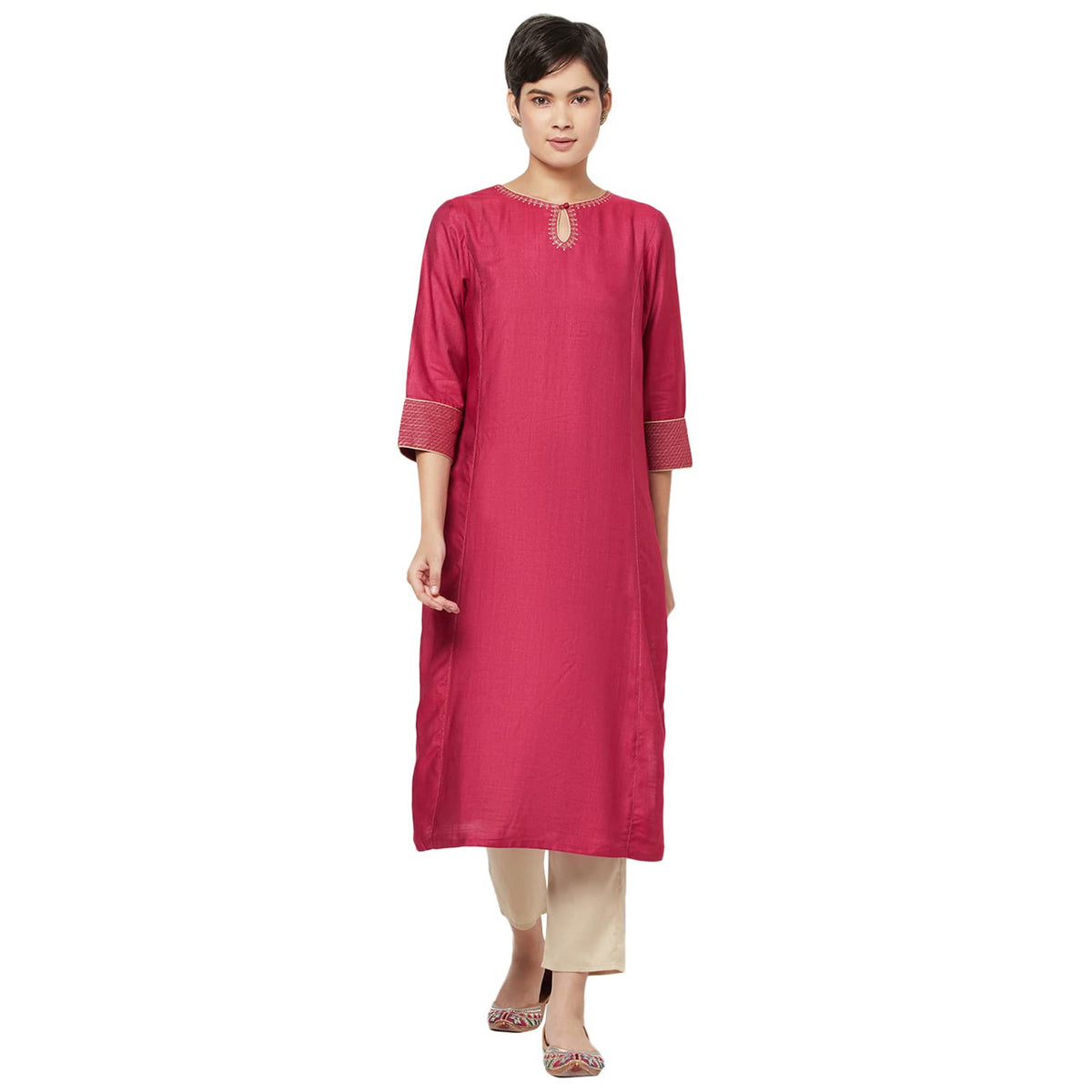 Fabindia Women Tussar Embroidered Long Kurta Viscose_Xs Violet