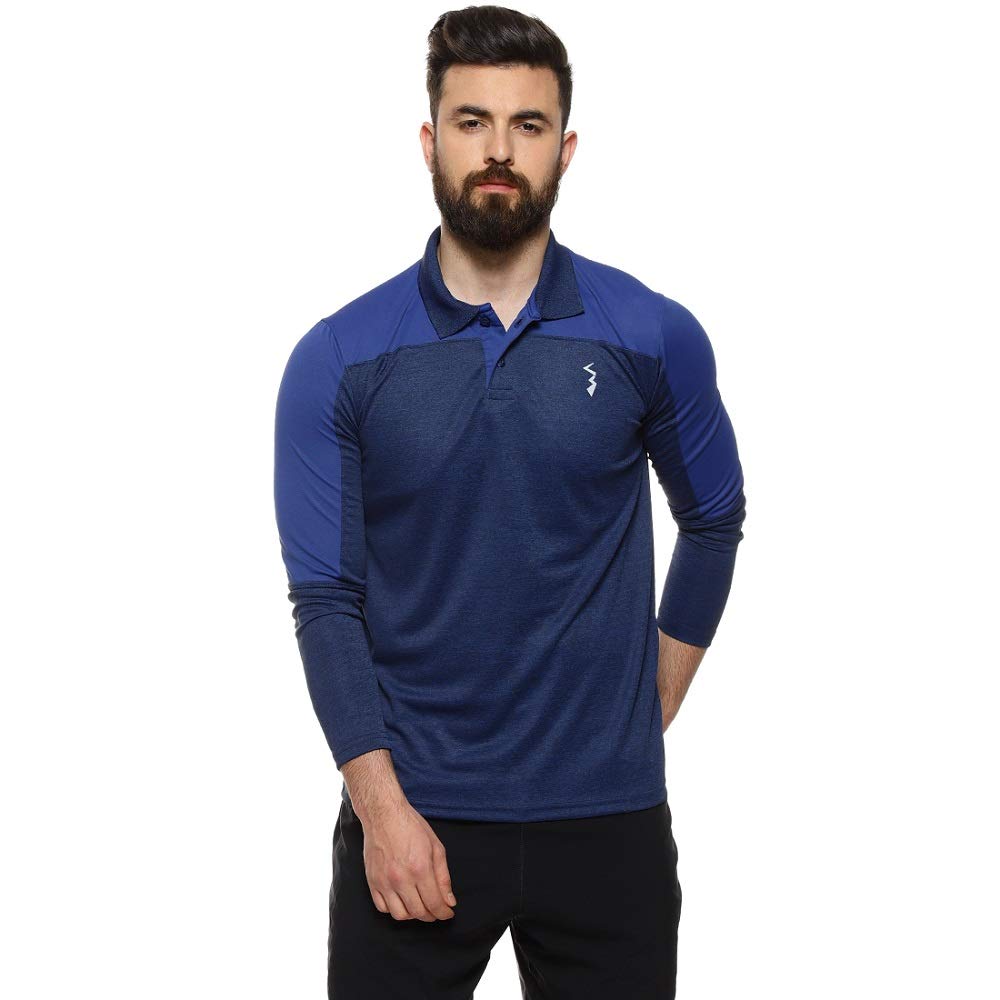 Campus Sutra Mens Denim Blue Contrast Activewear T-Shirt for Casual Wear | Spread Collar | Long Sleeve | Half-Button Closure |
