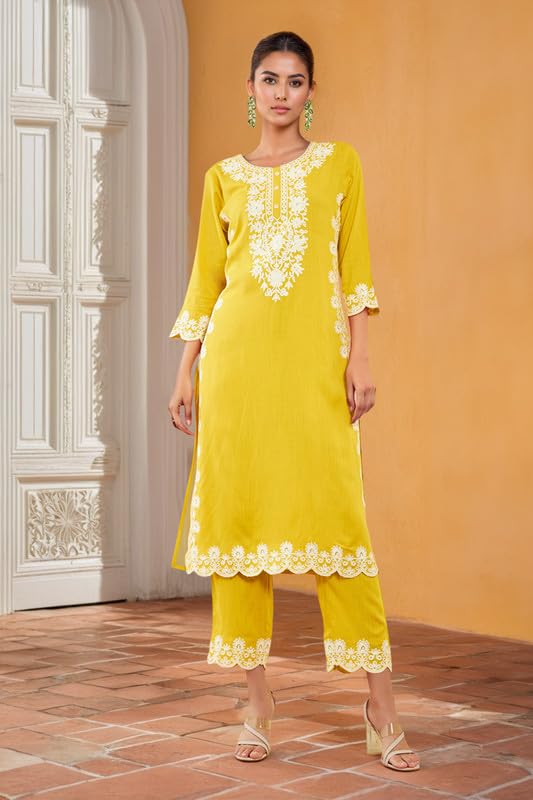 Soch Womens Mustard Rayon Slub Embroidered Kurta Set With Sequins
