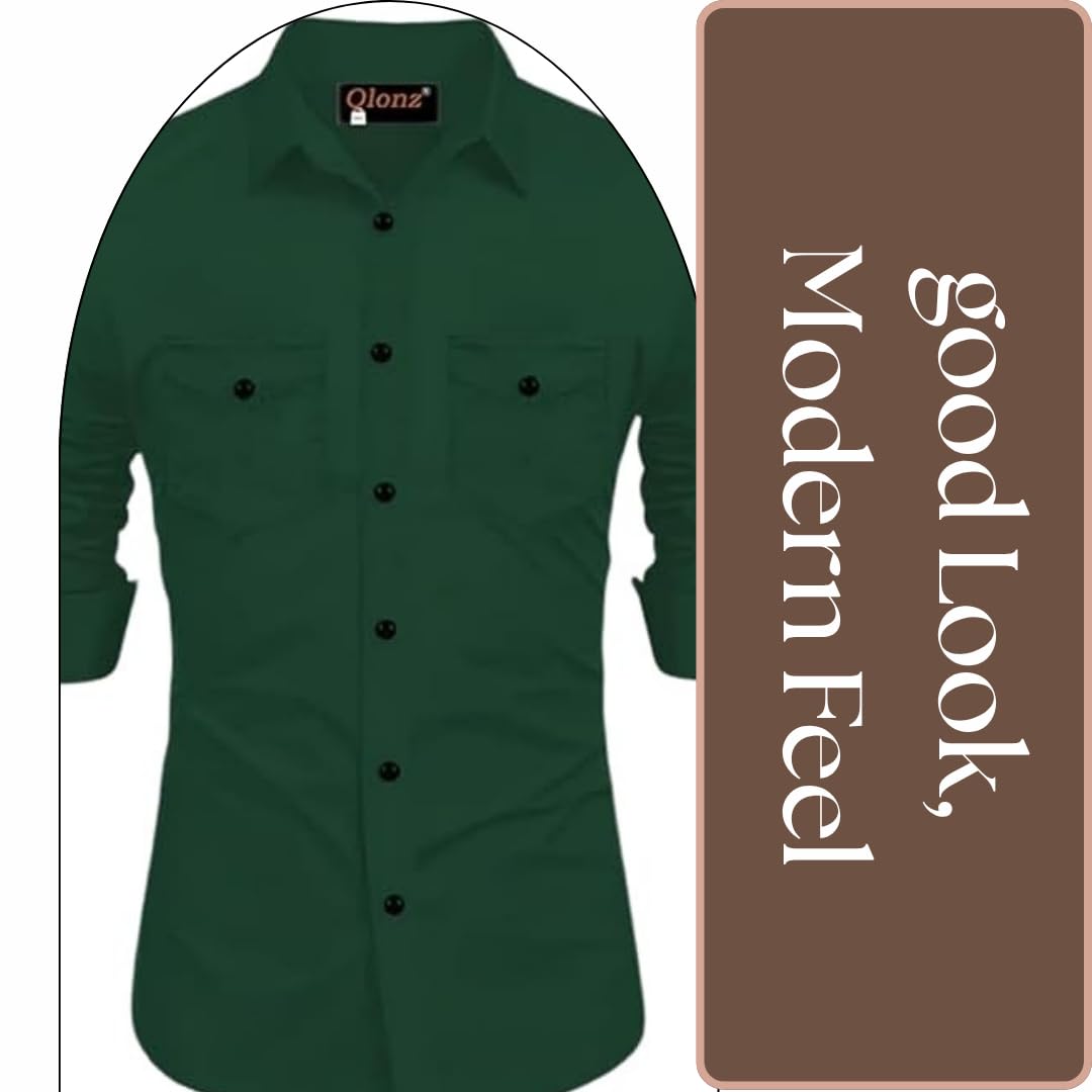 Rebelify Double Pocket With Flap Men Cargo Cotton Shirt Bottle Green