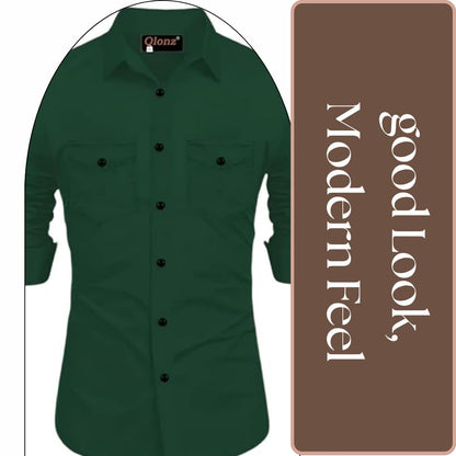 Rebelify Double Pocket With Flap Men Cargo Cotton Shirt Bottle Green