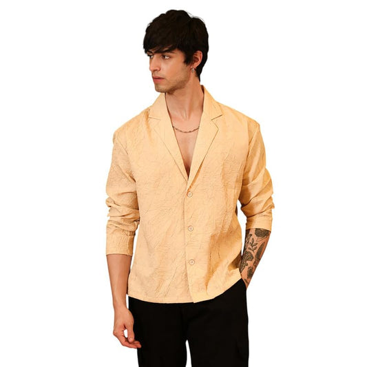 Campus Sutra Mens Buff Beige Wrinked Korean Oversized Shirt for Casual Wear | Lapel Collar | Long Sleeve | Button Closure | Ove