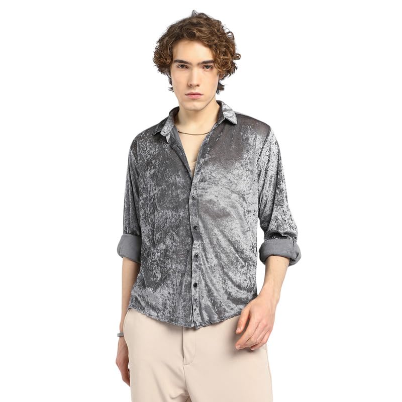 Campus Sutra Mens Moon Grey Solid Velvet Shirt for Casual Wear | Spread Collar | Long Sleeve | Button Closure | Shirt Crafted w