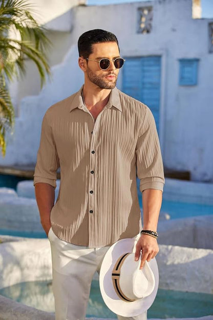 Deelmo MenS Casual Button Down Shirts Long Sleeve Linen Shirt Fashion Textured Beach Summer Shirt