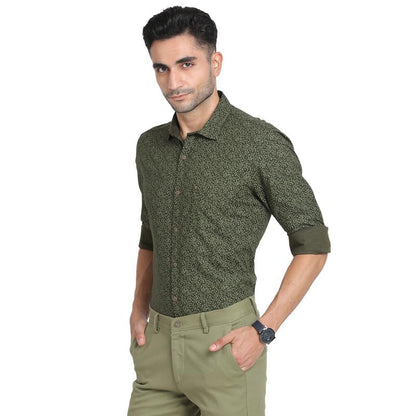 Turtle Men Cotton Tencel Slim Fit Dark Green Printed Casual Shirt