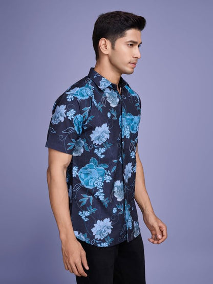 Pinkmint Stylish Shirt for Men ll Printed Half Sleeve Shirts ll Regular Fit Chest Pocket Shirt Dark Blue