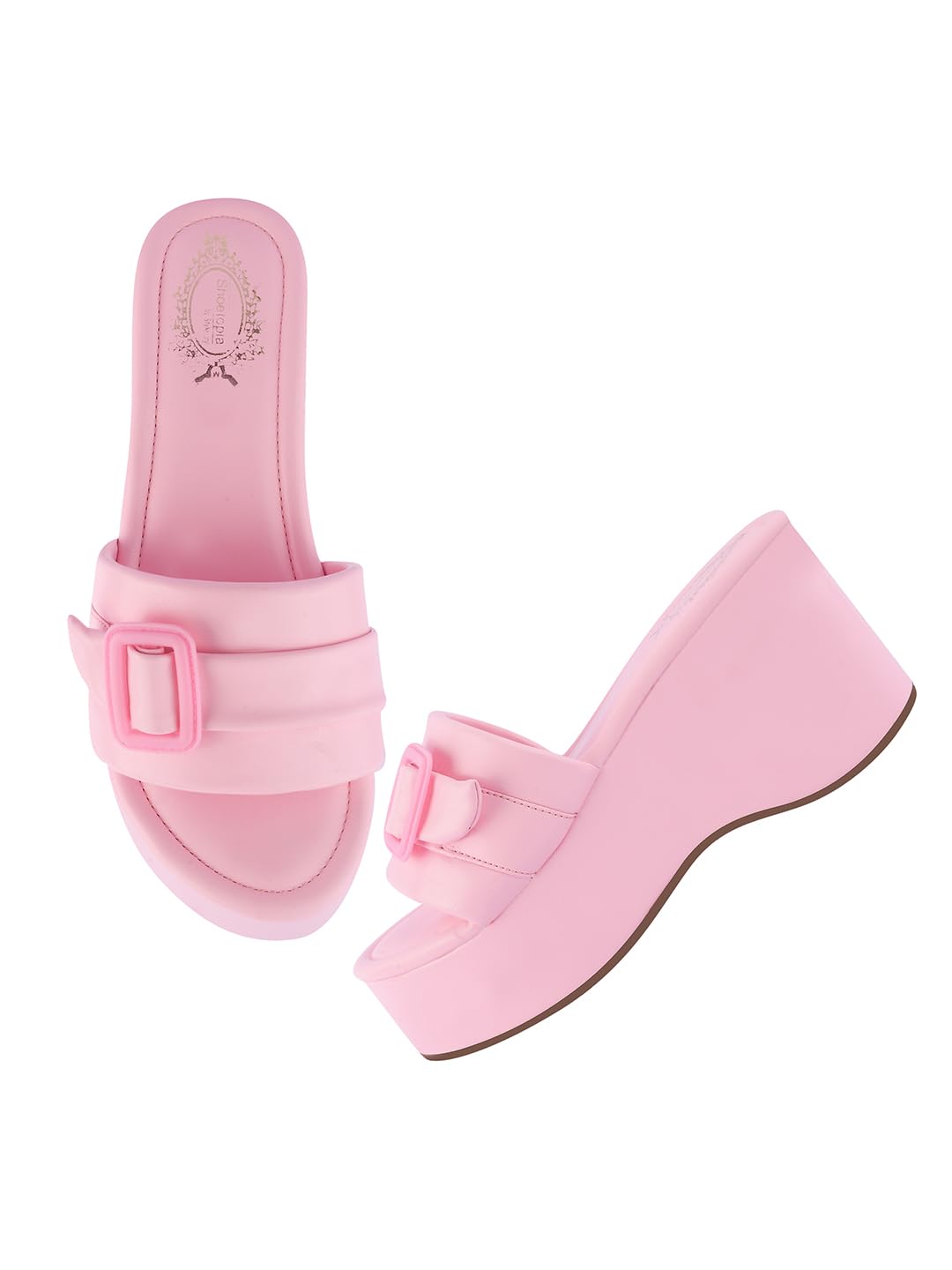 Shoetopia WomenS Pink Platform Slip-On Sandals  Chunky Wedge Slides With Buckle Strap Stylish Comfortable, Durable Perfect For