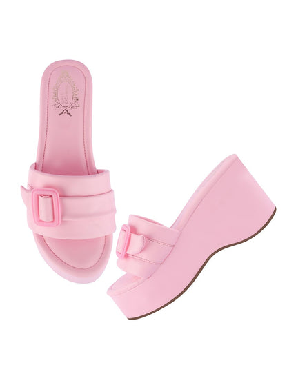 Shoetopia WomenS Pink Platform Slip-On Sandals  Chunky Wedge Slides With Buckle Strap Stylish Comfortable, Durable Perfect For