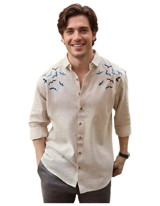 GoSriKi Mens Cotton Blend Embroidered Shirt for Men (Ezhil Cream-GS_S_Cream_Small)