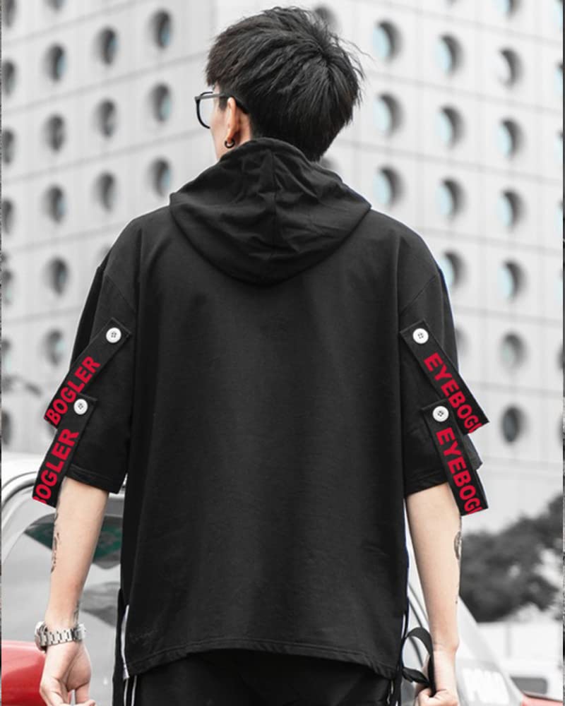 Eyebogler Mens Hooded Neck Loose Fit Half Sleeves Printed T-Shirt Black White