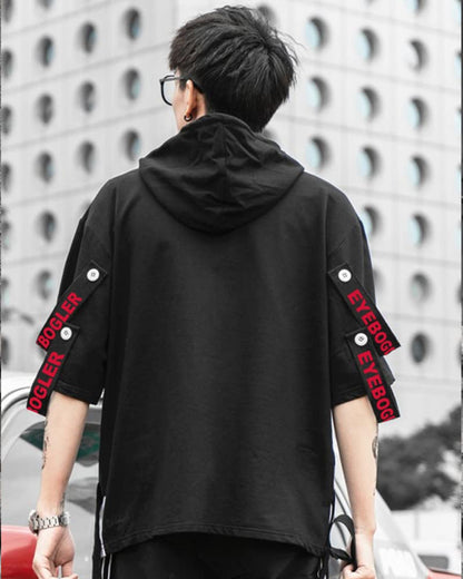 Eyebogler Mens Hooded Neck Loose Fit Half Sleeves Printed T-Shirt Black White