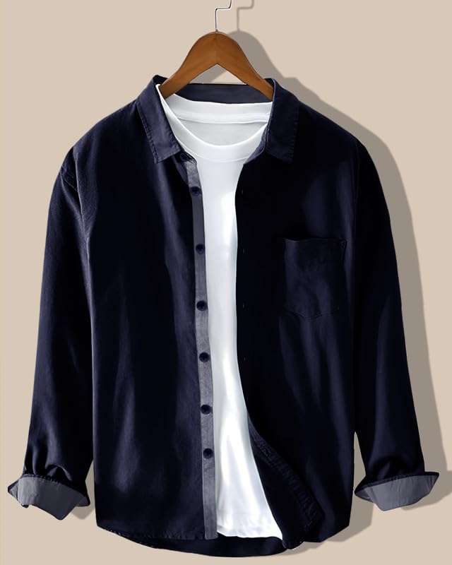 Pinkmint Men Cotton Soild Spread Collar Long Sleeve Shirt Formal Wear Navy Blue
