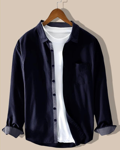 Pinkmint Men Cotton Soild Spread Collar Long Sleeve Shirt Formal Wear Navy Blue