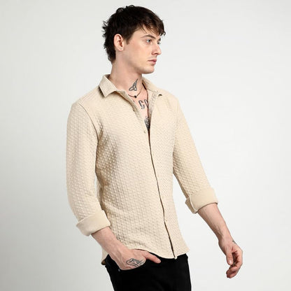Campus Sutra Mens Beige Ripple Box Shirt for Casual Wear | Spread Collar | Long Sleeve | Button Closure | Shirt Crafted with Co