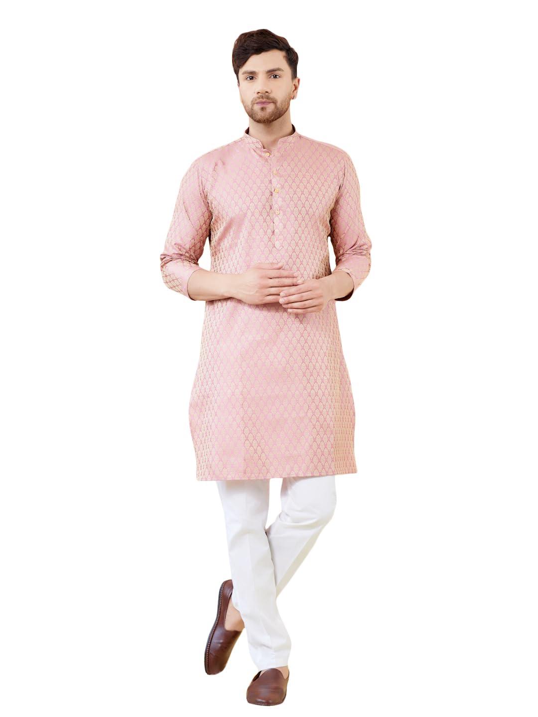 See Designs Men Full Sleeve Sleeve Side Slit Mandarin Collar Pink Ethnic Motifs Silk Jacquard Woven Design Straight Kurta With P