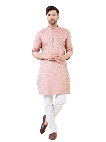 See Designs Men Full Sleeve Sleeve Side Slit Mandarin Collar Pink Ethnic Motifs Silk Jacquard Woven Design Straight Kurta With P