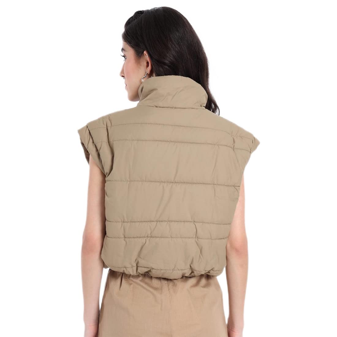 Bewakoof Womens Solid Beige Mock Neck Oversized Sleeveless Puffer Jacket