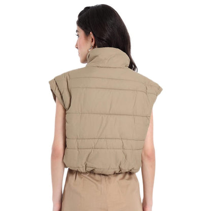 Bewakoof Womens Solid Beige Mock Neck Oversized Sleeveless Puffer Jacket