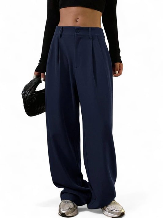 OOMPH! Womens High-Waisted Pant | Wide Leg Trousers | Korean Style Stretchable Trouser Navy Blue