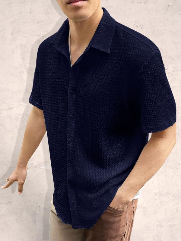Pinkmint Popcorn Shirt for Men Soild Slim Fit Sleeve Spread Collar Trendy Men Shirt Summer Wear Goa Wear Mint Green