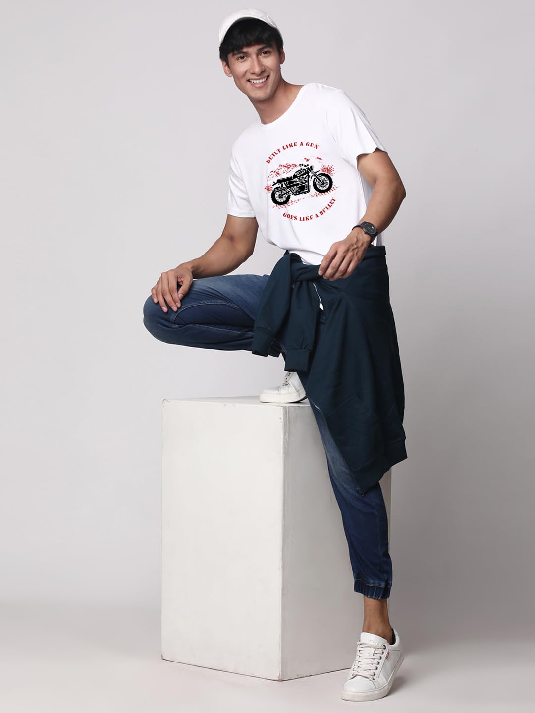 ADRO Men's Royal Bike Design Printed 100% Cotton T-Shirt - Regular Fit, Printed T-Shirts for Men (RN24-RYL-WH_White)