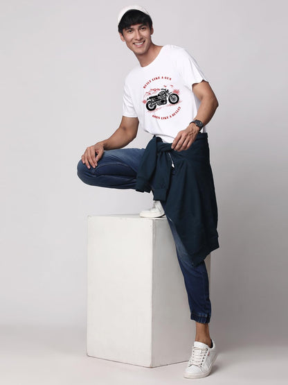 ADRO Men's Royal Bike Design Printed 100% Cotton T-Shirt - Regular Fit, Printed T-Shirts for Men (RN24-RYL-WH_White)