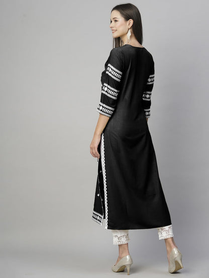 ANNI DESIGNER Womens Cotton Blend Embroidered Straight Kurta (Stho-Black_4XL_Black_XXXX-Large)