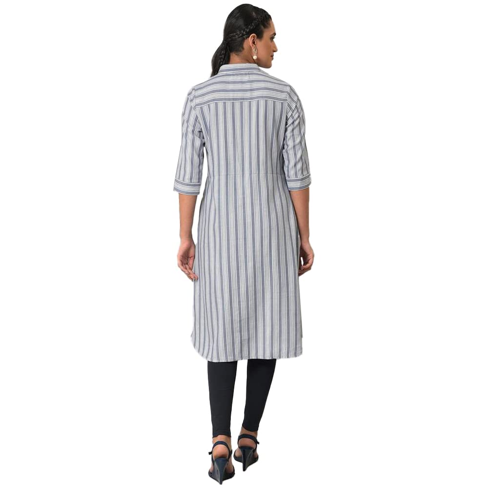 Aurelia WomenS Cotton Solid Regular Blue Stripe Print Shirt Collar Kurta (23Fea13438-704099