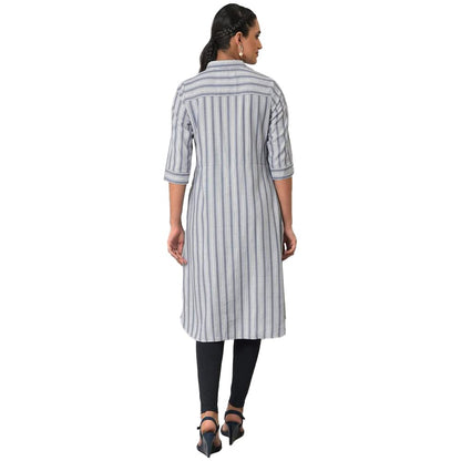 Aurelia WomenS Cotton Solid Regular Blue Stripe Print Shirt Collar Kurta (23Fea13438-704099