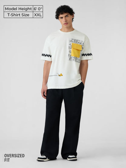 The Souled Store Official Peanuts: Keepin It Cool Men and Boys Oversized fit Half Sleeve Cotton White Color Men Oversized T-Shir