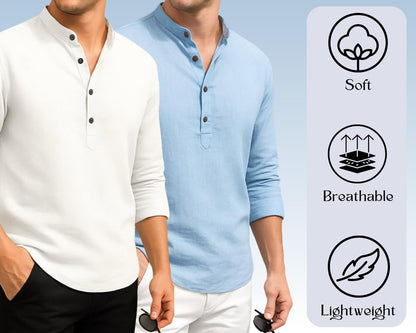 Deelmo Combo Of MenS Cotton Blend Solid Regular Fit Full Sleeve Short Kurta | MenS Trendy Short Kurta Pack Of 2