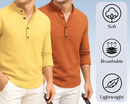 Deelmo Combo Of MenS Cotton Blend Solid Regular Fit Full Sleeve Short Kurta | MenS Trendy Short Kurta Pack Of 2 Yellow - Navy