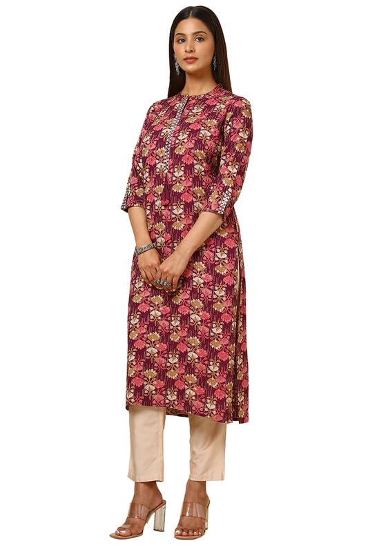 Soch Women's Rayon Straight Fit Floral Print Kurta with Faux Mirror