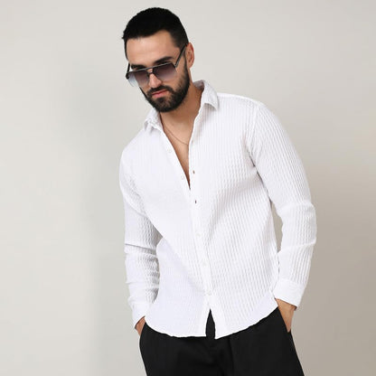 Campus Sutra Mens Chalk White Twisted Crease Shirt for Casual Wear | Spread Collar | Long Sleeve | Button Closure | Shirt Craft