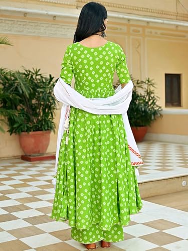 Pinkmint Womens Muslin Anarkali Angarkha Kurta & Straight Pant with Dupatta l Ethnic Three-Piece Suit Green