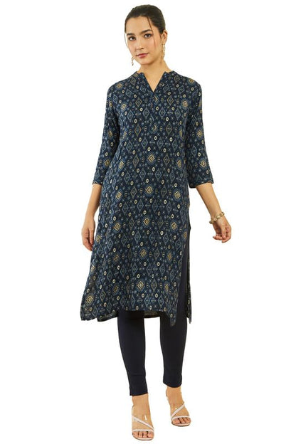 Soch Womens Navy Blue Rayon Ikat Print Straight Kurta With Pocket