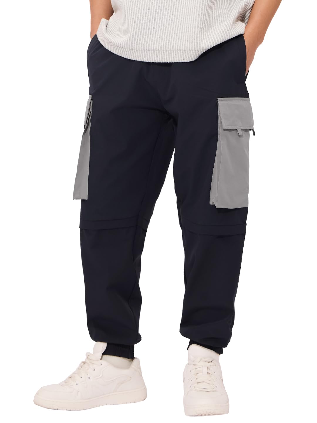 The Souled Store Solids: Navy Blue and Grey Men and Boys Drawstringed Baggy Fit Cargo Joggers