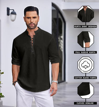 Macsivo MenS Stylish Mandarin Collar Kurta | Casual Ethnic Fusion Shirt For Daily, Party & Travel | Full Sleeves | Cotton Polye