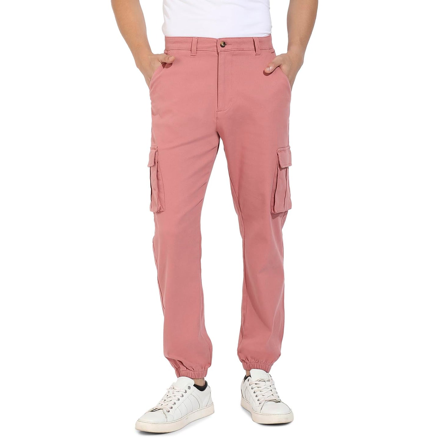 Campus Sutra Mens Nude Pink Cuffed Hem Cargo Trousers for Casual Wear | 6 Pockets | Regular Fit | Button Closure | Cotton Poly