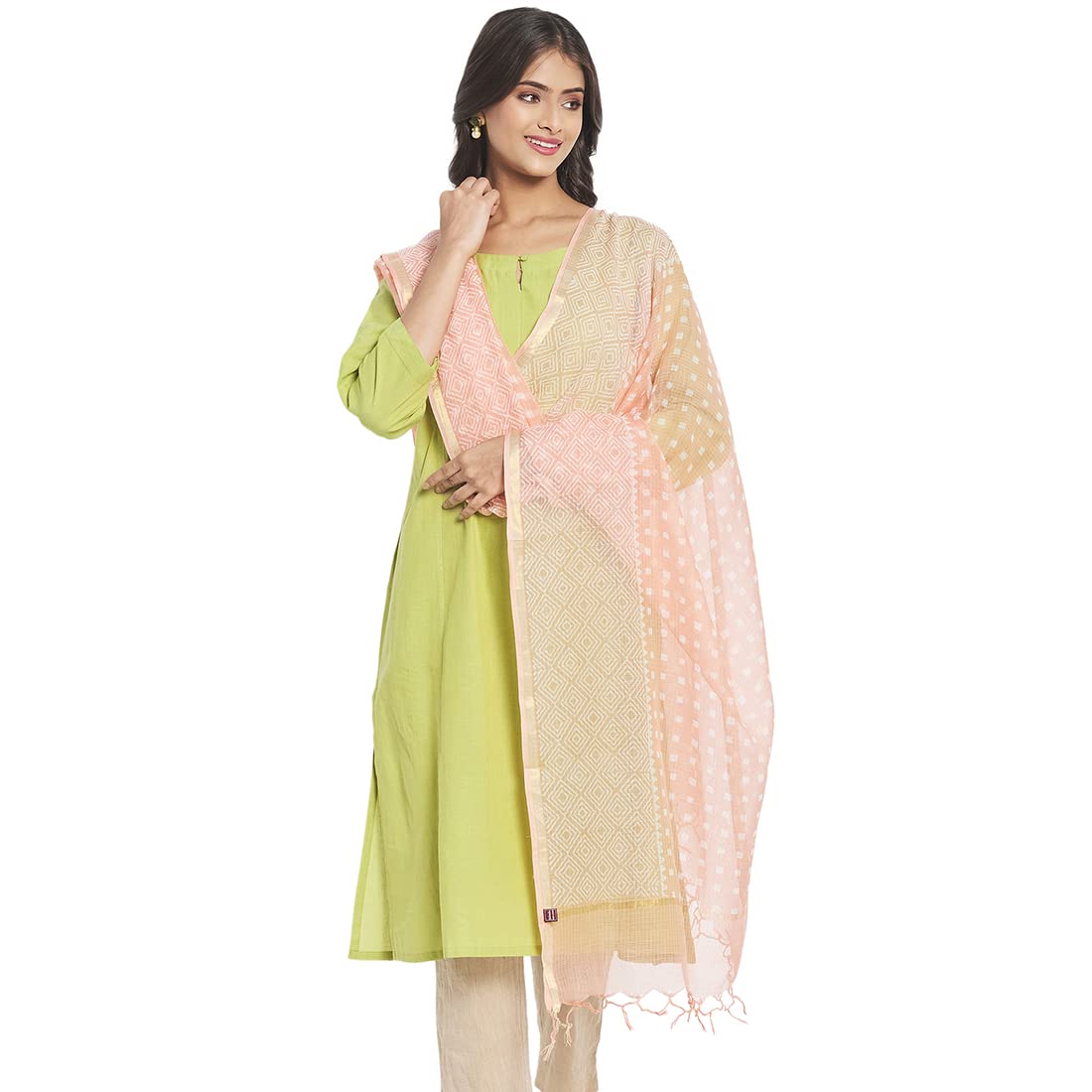 Fabindia Women Cotton Silk Hand Block Printed Dupatta Pink_Freesize