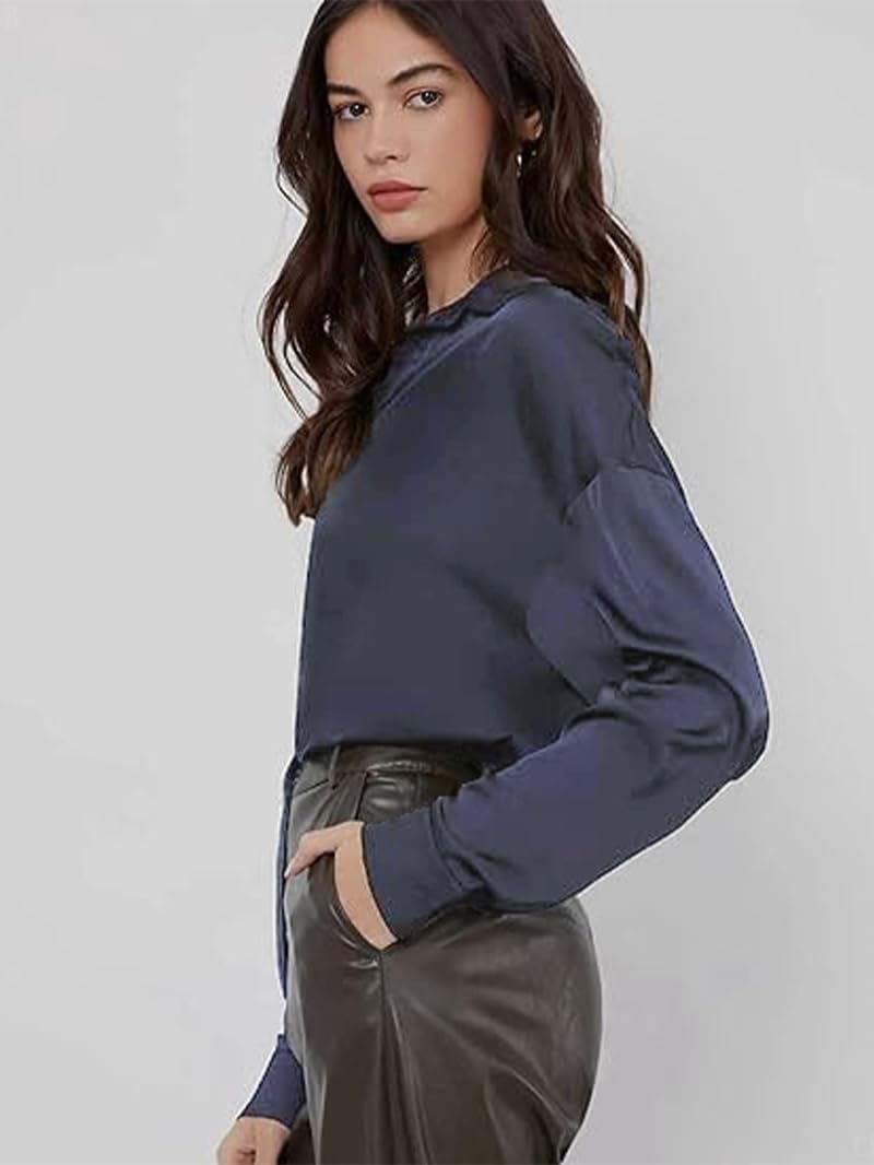 CB-COLEBROOK Womens Blouse Satin Silk Stylish Shirts Button Down Solid Shirts Casual Loose Long Sleeve Office Work Tunic Wester
