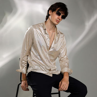 Campus Sutra Mens Metallic Beige Sheen Chevron Shirt | Casual Wear | Spread Collar | Long Sleeve | Button Closure | Shirt Craft