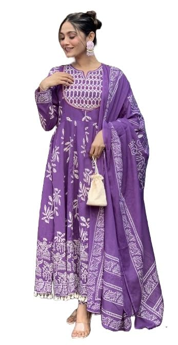 KLOSIA Women Printed Anarkali Kurta and Pant set with Dupatta (IN, Alpha, 2XL, Purple)