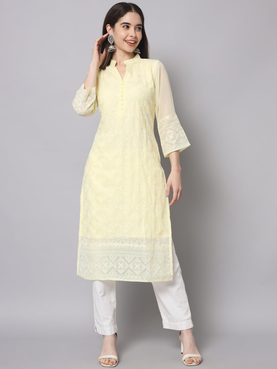 Ekasya WomenS Georgette Straight Cut Notch Neck Kurta With Beautiful Embroidery Work (E1547) Yellow