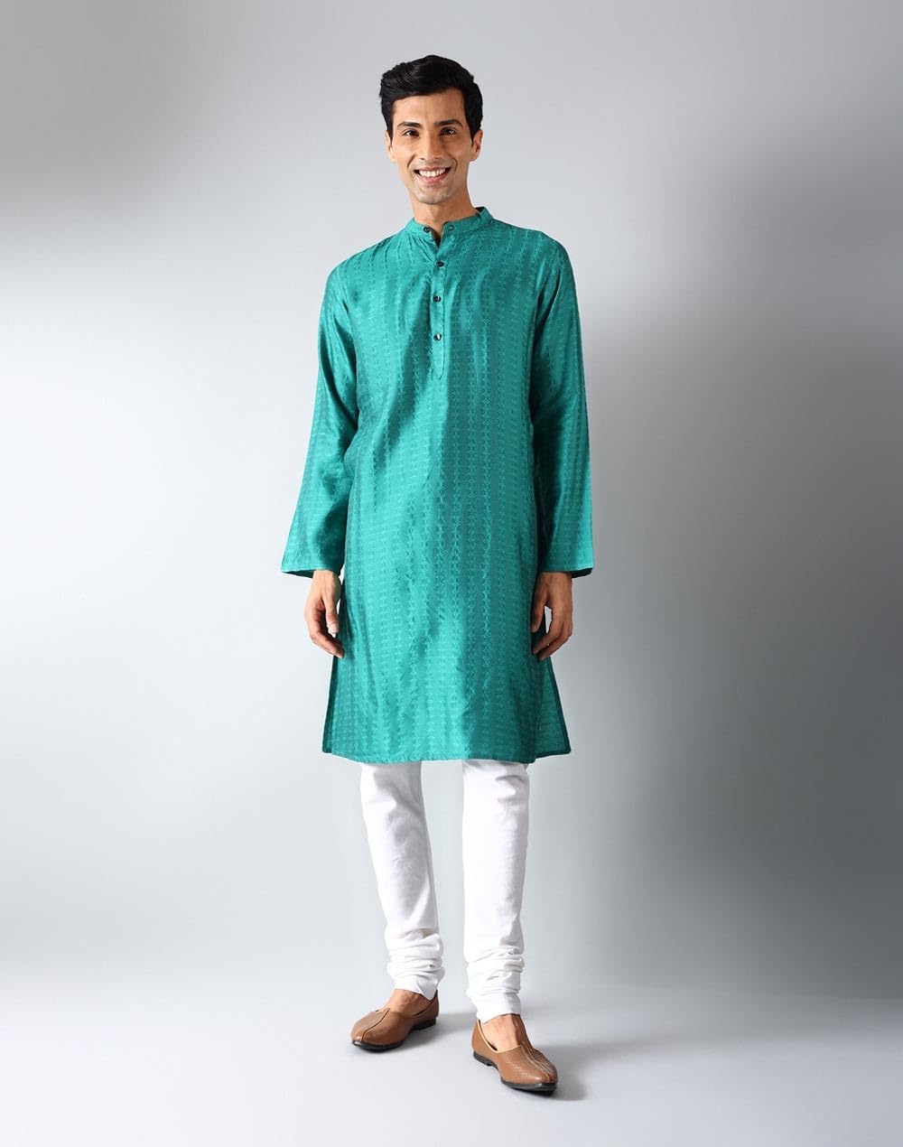 Fabindia Men's Viscose Silk Self Design Slim Kurta (1033091GREEN_Green