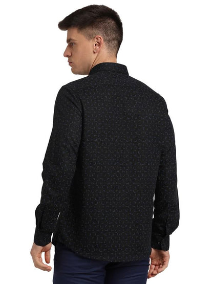 Turtle Men Cotton Linen Black Slim Fit Printed Shirts